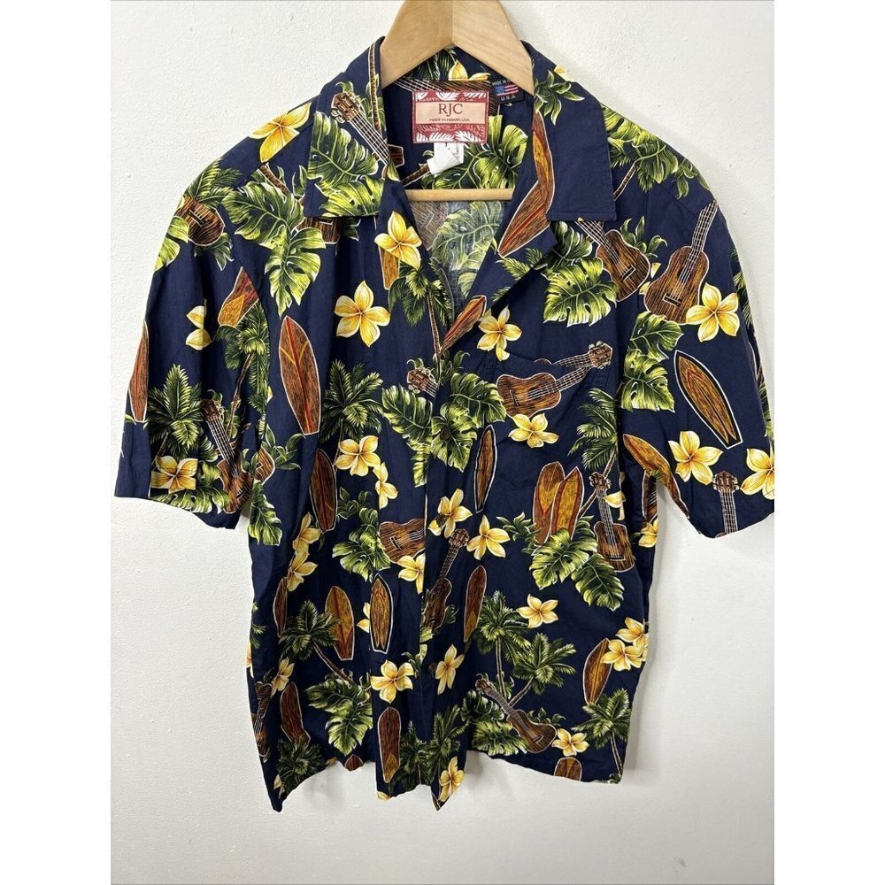 RJC Men L Ukulele Hawaiian USA Floral‎ Shirt Button Up Music Aloha